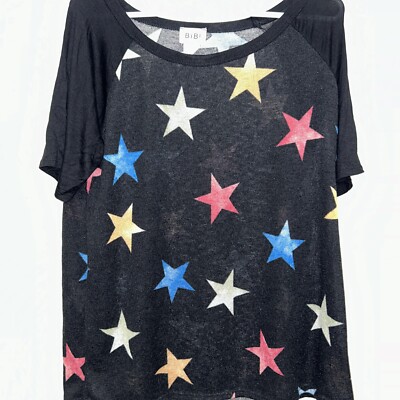 Bibi Star Print Raglan Sleeve Top Black Multi Color BT1096-14 Medium NWT
