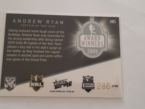 Andrew Ryan Bulldogs AW5 #286 Award Winners 2011 NRL Select Strike Card (201) - Picture 23 of 24
