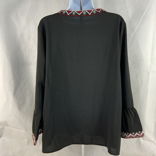Casual Shirt Womens Black Geometric Long Sleeve Bell Notch Neck Embroidered XL - Picture 4 of 8