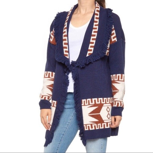 CocoGio Made in Italy Aztec Fringed Wool Blend Long Cardigan Sweater Women's M