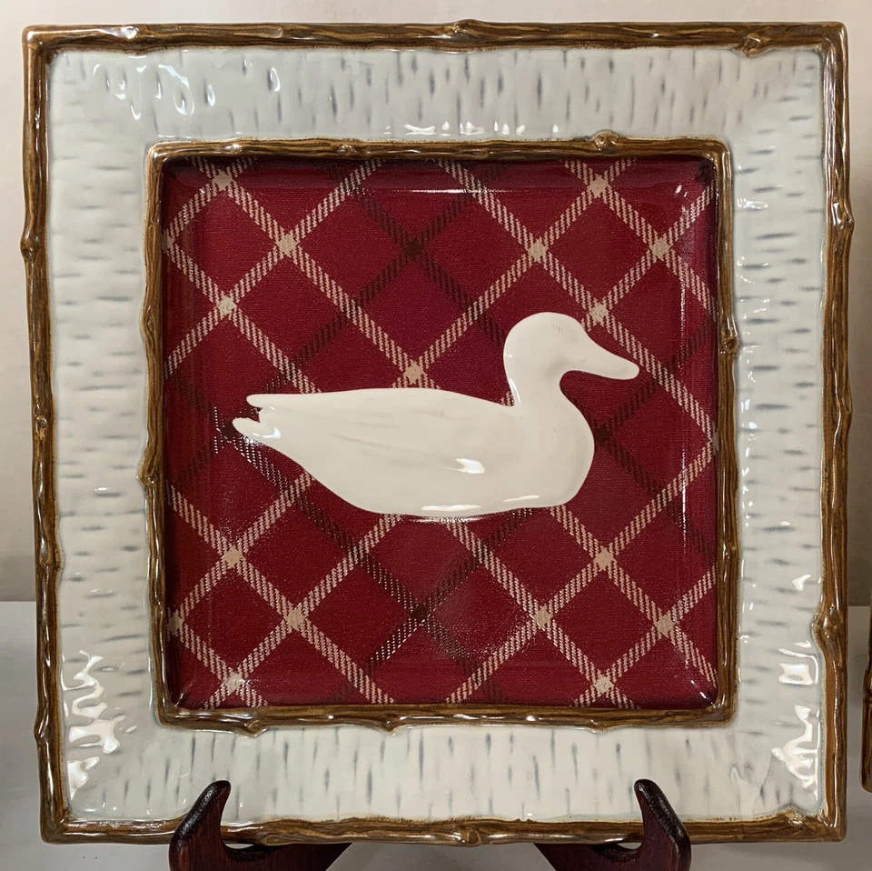 Lot Of 2 Retired Home Studio LAKE CABIN DUCK 11" Sq Dinner Plates: Red Plaid - Image 4 of 4
