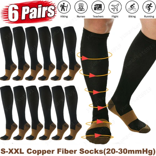 6 Pairs Copper Compression Socks 20-30mmHg Graduated Support Mens Womens S-XXL