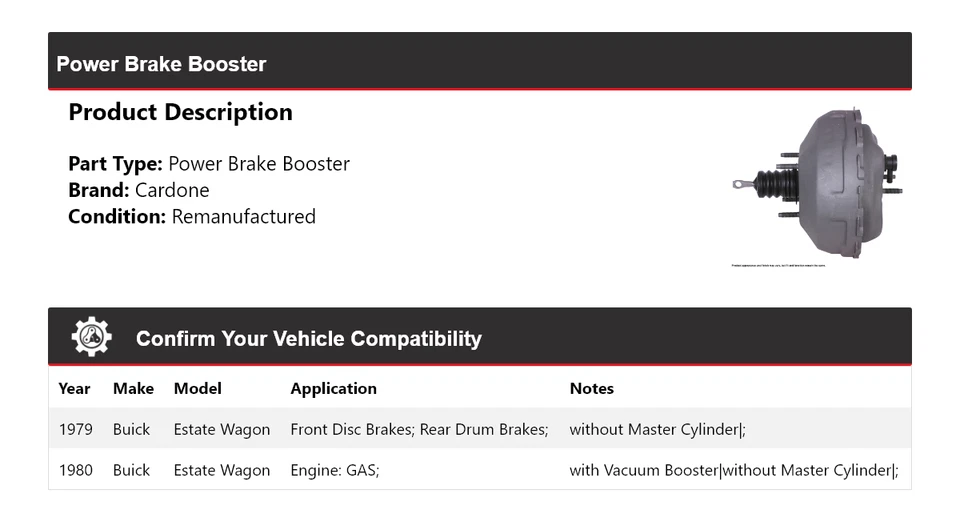 For 1979-1980 Buick Estate Wagon Power Brake Booster Cardone - Image 2 of 4