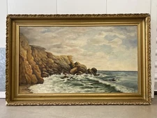 🔥 Fine Antique Old American Impressionist Seascape Oil Painting, Bradshaw 1890s