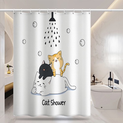 Black And White Cat Bathroom Waterproof Shower Curtain With 12 Hooks Polyester - Picture 15 of 28