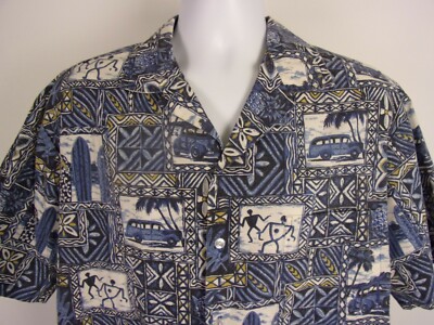 Kalena Fashions Hawaii Aloha Shirt Size XL Short Sleeve Blue White Car Beach