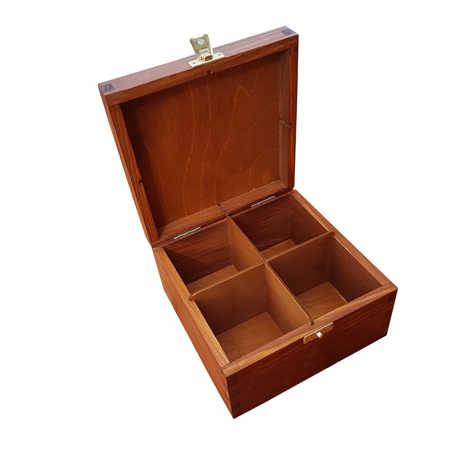 Wooden tea box with Four compartments,  Lockable Latch in brown color