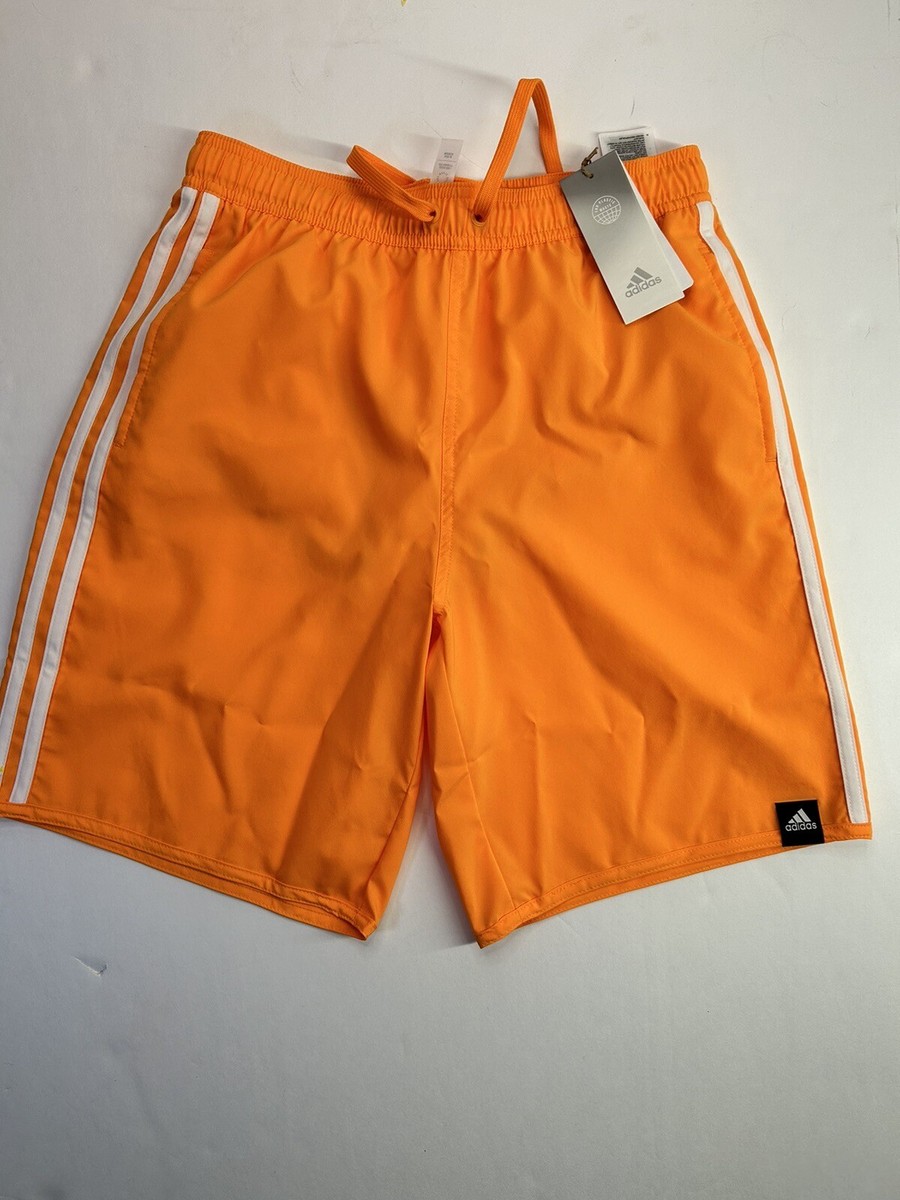 orange adidas 3 stripe shorts