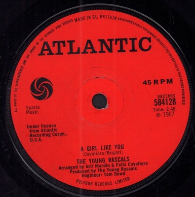 Young Rascals A Girl Like You 7'' vinyl UK Atlantic 1967 solid label design