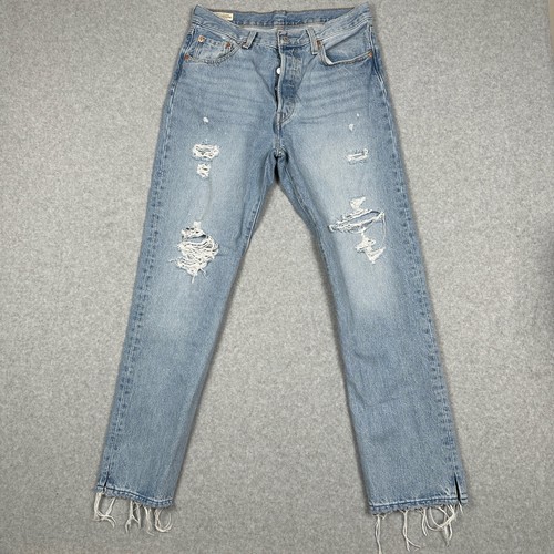 Levis Premium 501 Jeans Womens 30x29 Light Wash Button Fly Distressed Frayed Hem