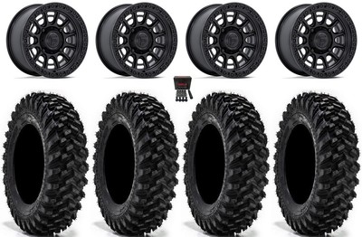 Fuel Cycle 15'' Wheels Black +38mm 35'' Warrior XT Sticky Tires Can-Am Defender