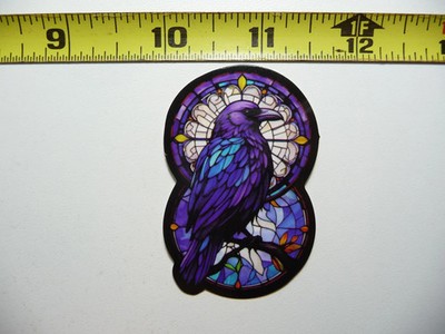 RAVEN SITTING ON BRANCH SMALL STICKER DECAL STAINED GLASS STYLE BEAUTIFUL COLORS