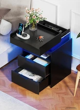 Black Night Stand with Charging Station,Wood Nightstand with 2 Drawers Modern...