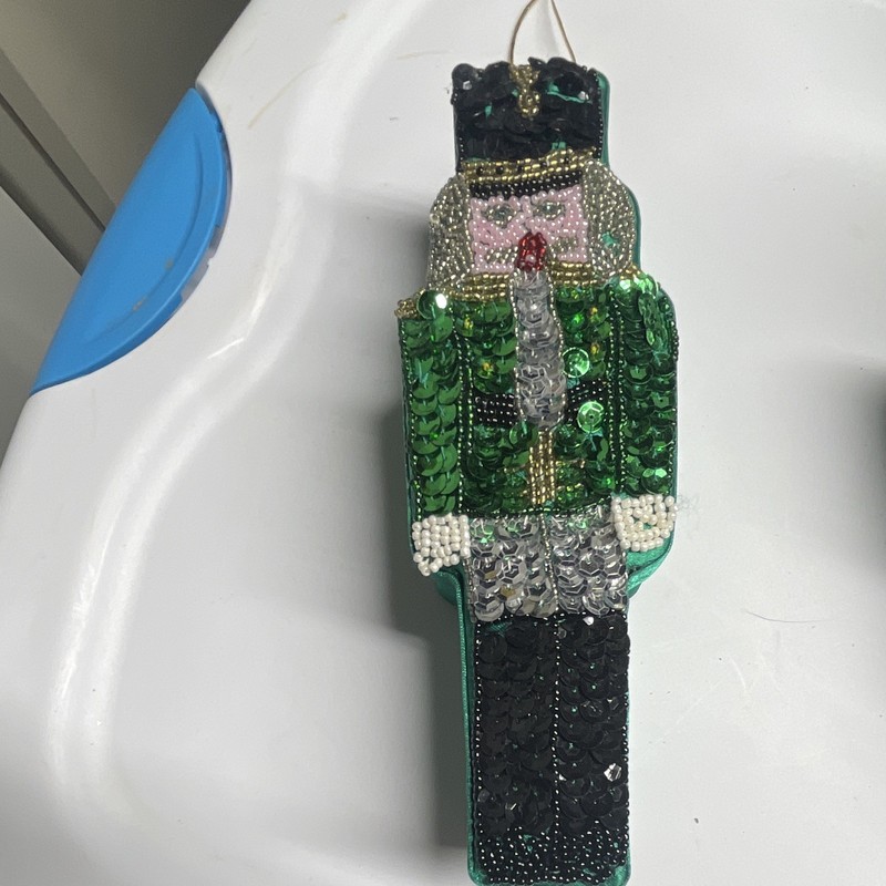 Green Sequin Fabric Nutcracker Hanging Ornament Christmas Decor Black Silver