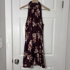 NWT Maroon Floral Sleeveless Flowing Dress Ruffle Neckline & Bottom Sz L