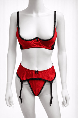 Damen Rot Satin 3-teiliges Dessous Set 1/4 Cup BH, Strapsgürtel & G-String