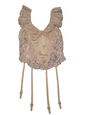 VTG 80s Shiny Nylon  Lace Teddy Garters Champagne Ivory Ruffle Lace Straps Sz M