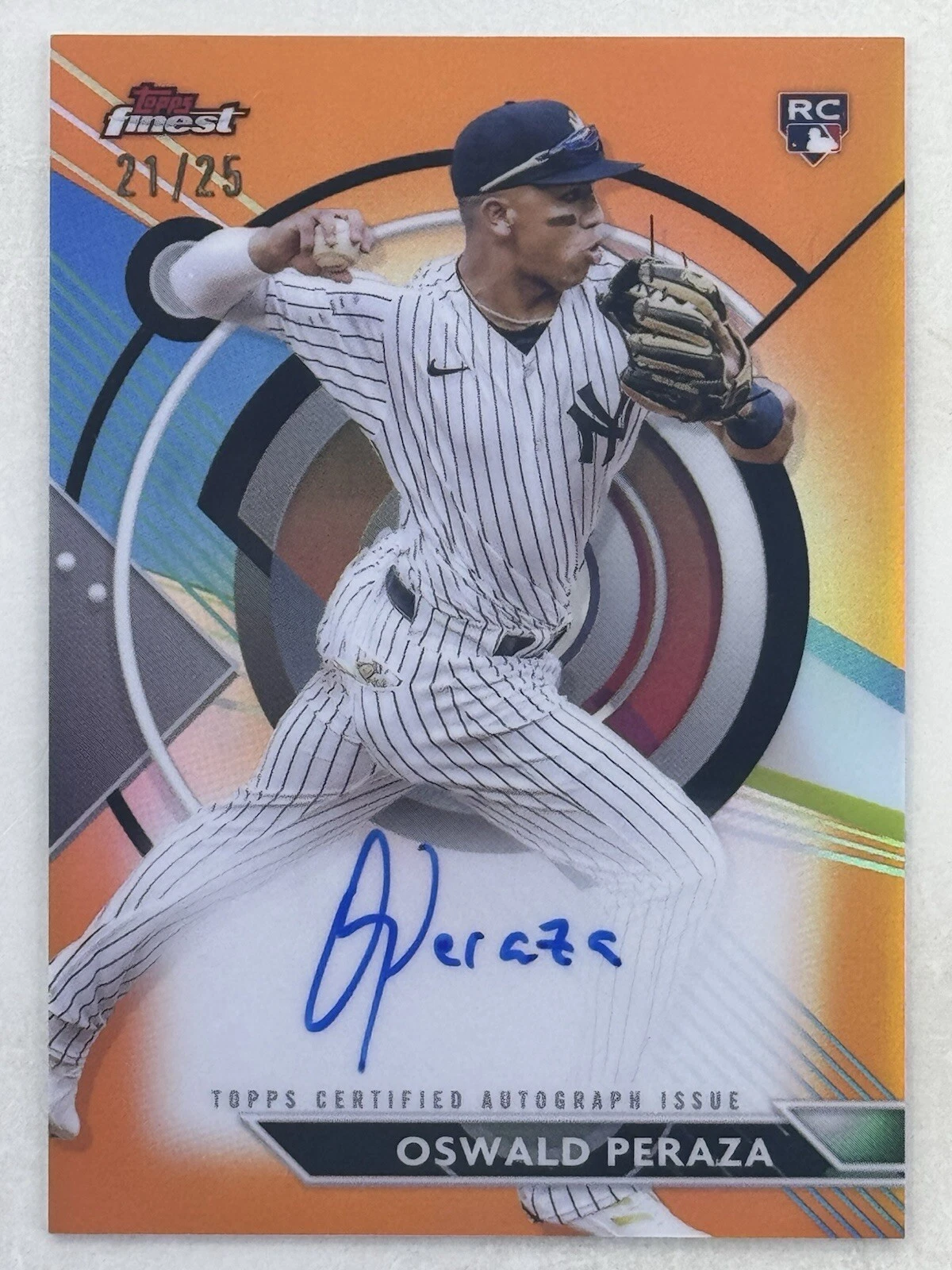 Oswald Peraza 2023 Topps Finest Orange Refractor Auto RC /25 #FA-OP Yankees Card