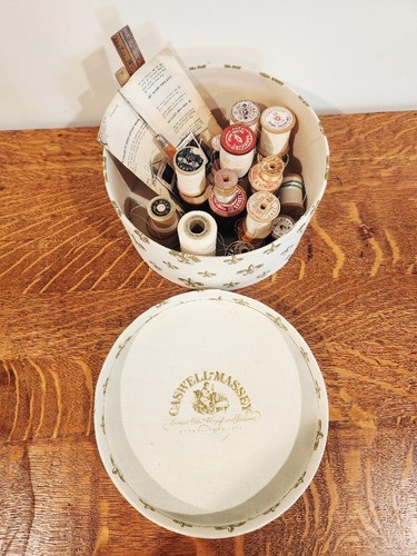 Vintage Caswell Maxwell Round Fabric Keepsake Box w/ Sewing Notions, Spools - Picture 5 of 9
