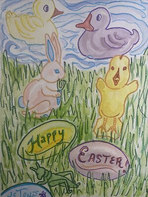 EASTER Painting Watercolor Vintage Art COUNTRY Toy Bunny Duck Kristi C Jones