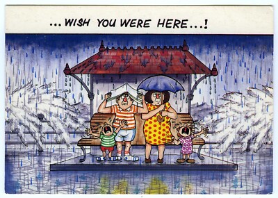 Humorvolle britische Küste Postkarte Wish You Were Here in the Pouring Rain Unposte