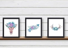 Set of 3 BOHO BEACHY Unframed Wall Art Watercolor Prints Skull Arrow Horns (S2)