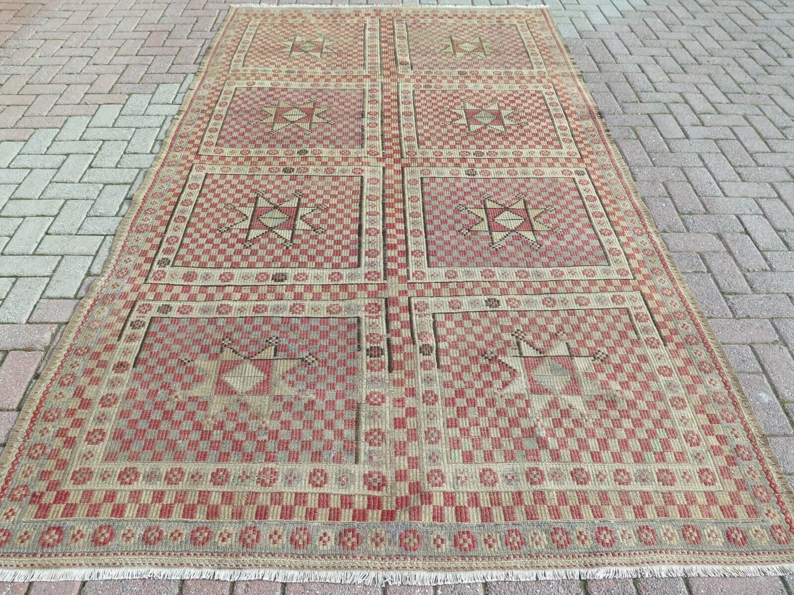 Large Kelim, Vintage Turkish Kilim, Stars Design Rug, Embroidery Carpet 69"x125"