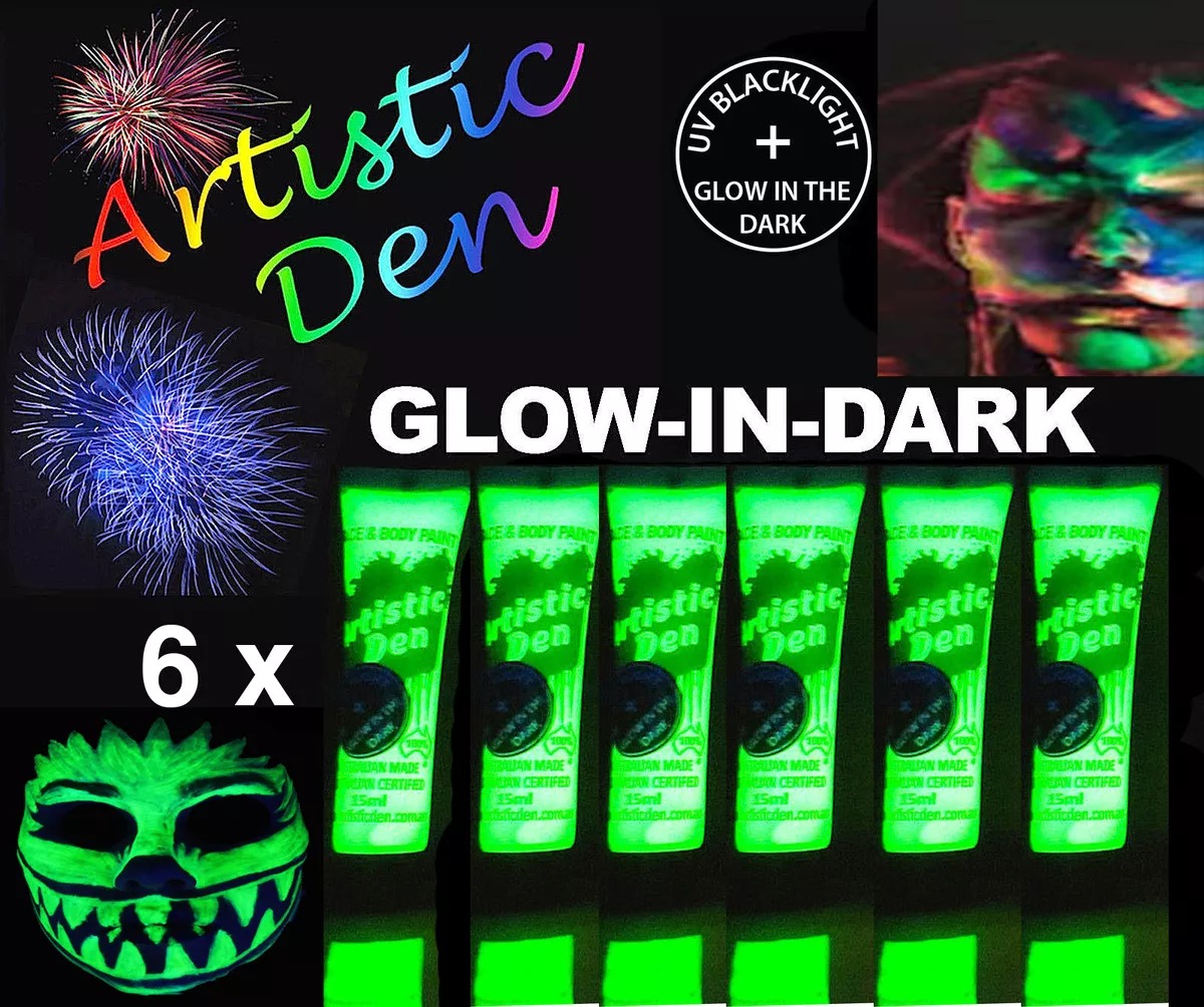 6 x15ml UV NEON GLOW IN THE DARK FACE & BODY PAINT 2 in 1 By Artistic Den  **
