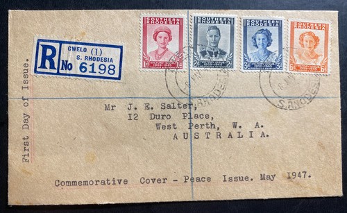 1947 Gwelo Rhodesia First Day Registered Cover FDC Peace Issue Stamp - Picture 2 of 4