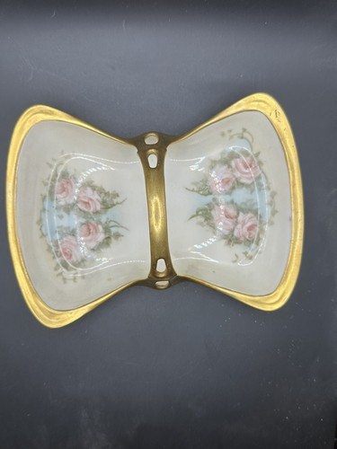 Antique Coiffe Limoges France Candy Dish Trinket Tray Floral W/ Gold Handle - Picture 3 of 7