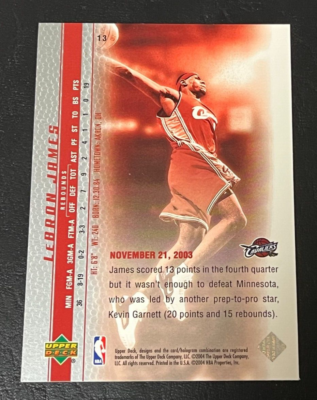 LEBRON JAMES ROOKIE 2003 UPPER DECK PHENOMENAL BEGINNINGS CARD #13