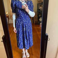 Vintage ‘90s Blue White Floral Dress Puffy Sleeves