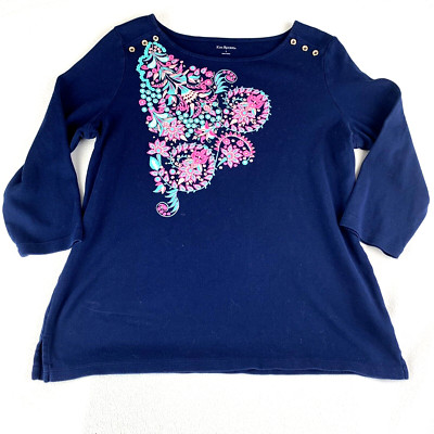 Kim Rogers Top Women s L Blue Floral Design Gold Stud Buttons Stretch Blouse