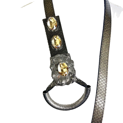 Metallic Statement Belt Artsy Floral Pewter Buckle Beaded Rhinestone Boho Size L - Picture 3 of 12