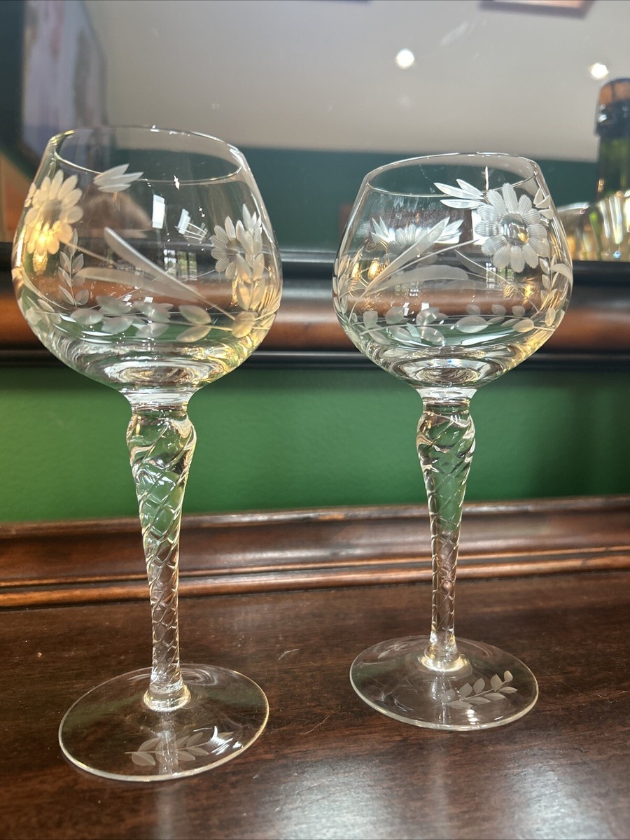 Set Of Two (2) hock wine glasses Twisted Stem Etched Floral | eBay
