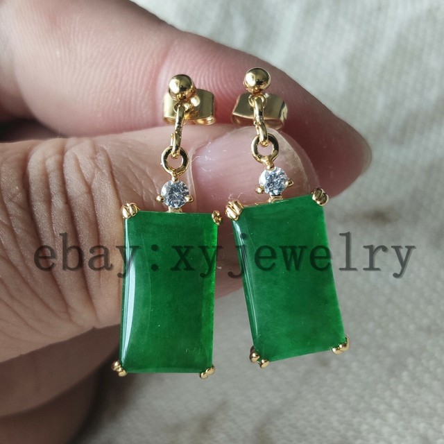 Beautiful 1017mm green jade Square 18 KGP dangle stud earrings eBay