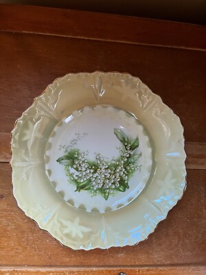 Vintage White Lily of the Valley w Light Green Luster Edge Painted Ceramic Plate