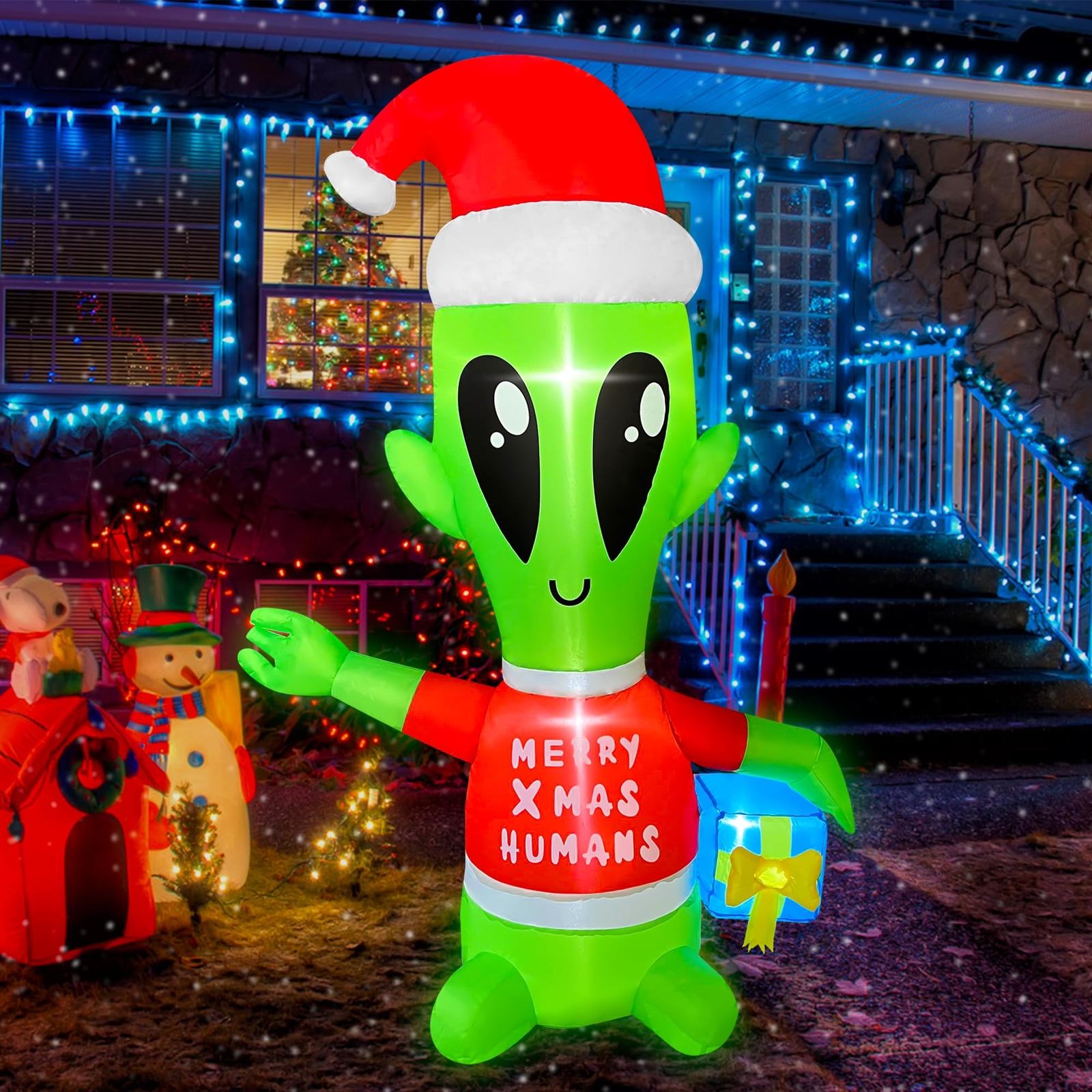 4 FT Christmas Inflatables Alien with Gift Box Decorations LED Lighted Xmas C...