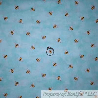 BonEful FABRIC FQ Cotton Quilt Blue Sky Cloud B&W Yellow Bumble Bee Small Little