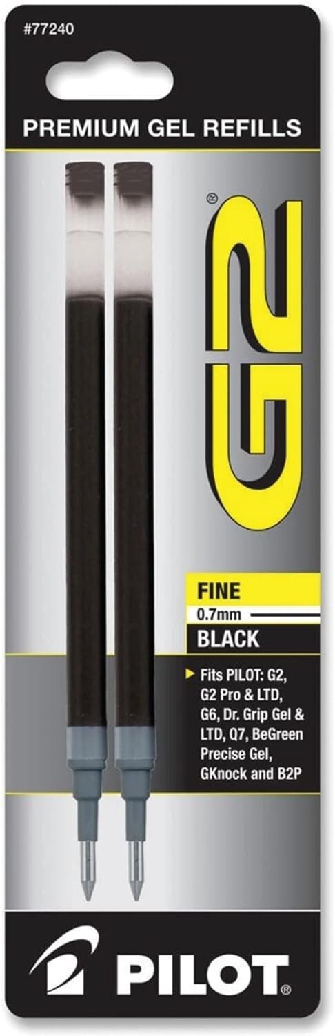 Pilot G2, 2/Pack Gel Ink Refill for Rolling Ball Pens, Fine Point,0.7mm Black