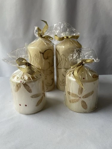Set Of 4 Holiday Pillar Candles (2) 6.5” Cream Gold (2) 4” Pearl White Gold - product listing photo