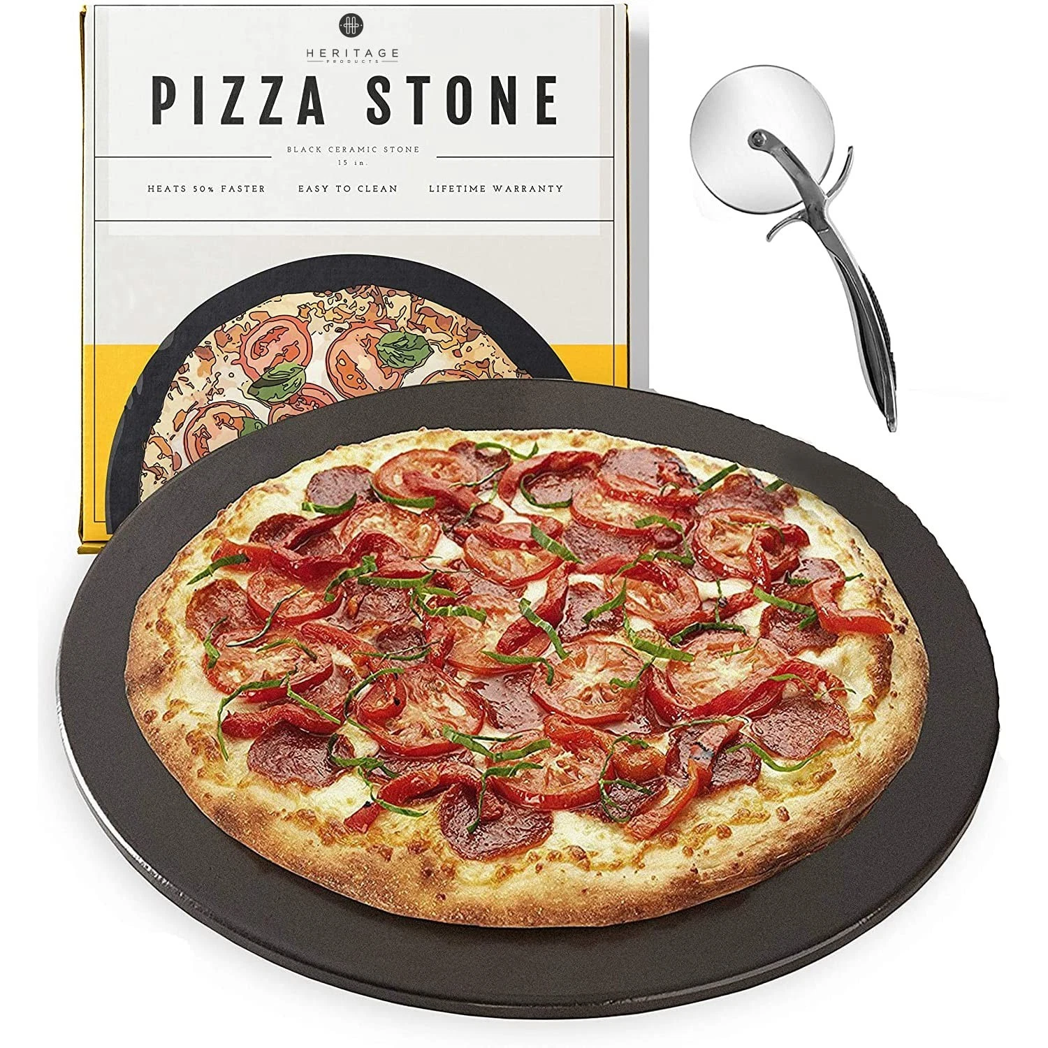 Heritage 15" Ceramic Pizza Stone Set - Non-Stick, Stain-Free with Bonus Cutte...