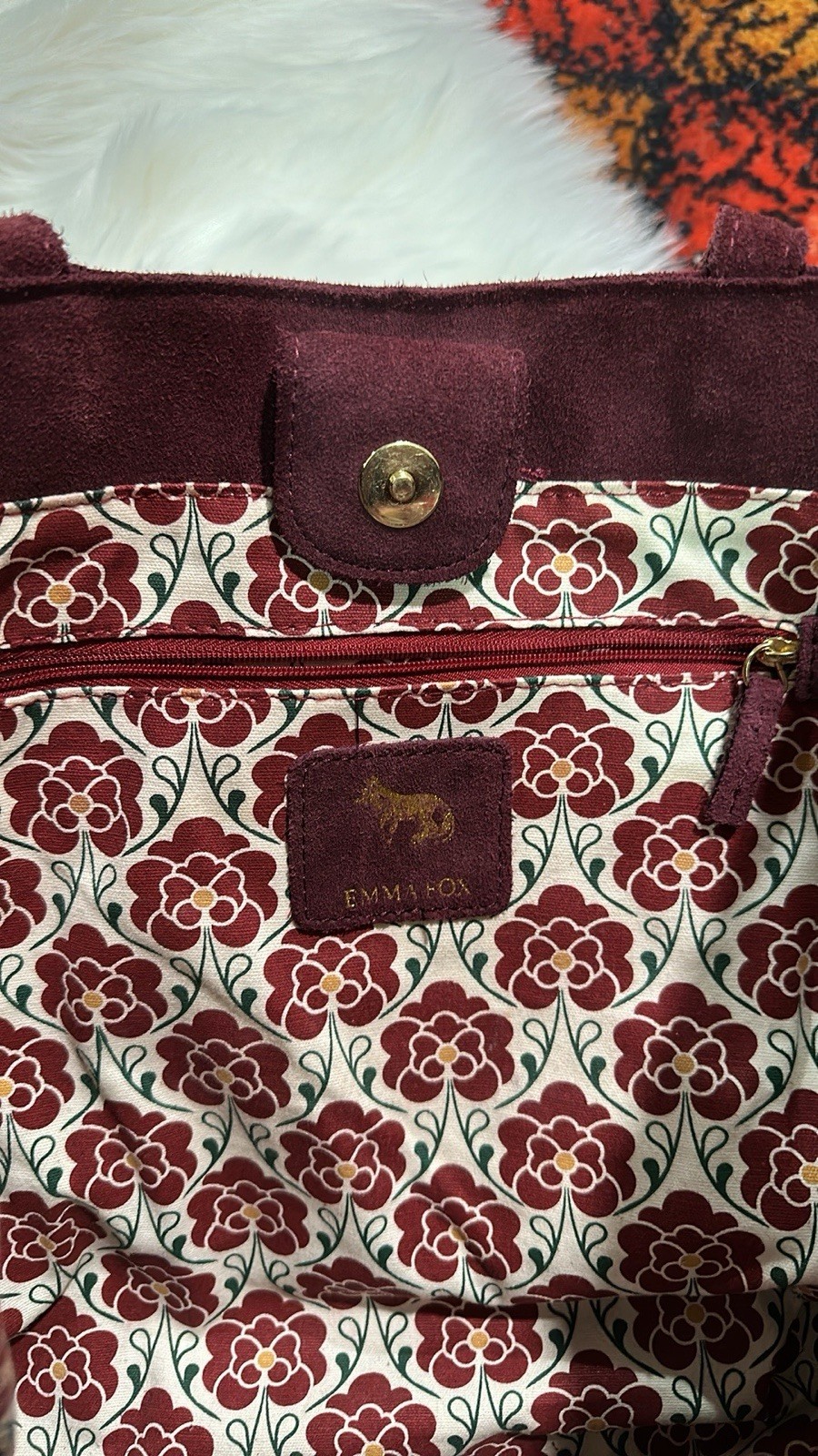 Emma Fox Maroon Suede Patchwork Argyle Tote - image 8