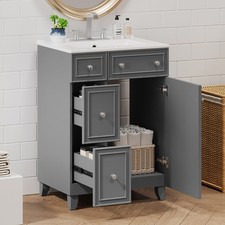 24" Gray Bathroom Vanity Cabinet with Ceramic Sink, 2 Drawers, 1 Soft-Close Do