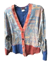 VTG 90s Mozart Southwestern Button Jacket Sz L Aztek Lagenlook Wearable Art USA