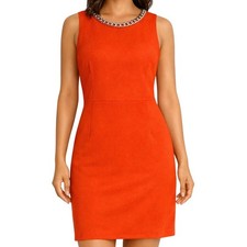 Julie Brown NYC Orange Faux Suede Gold Chain Neck Sheath Dress Womens Size Small