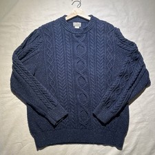 LL Bean Fisherman Crewneck Sweater Chunky Cable Knit Fleck Mens XL Navy Cotton