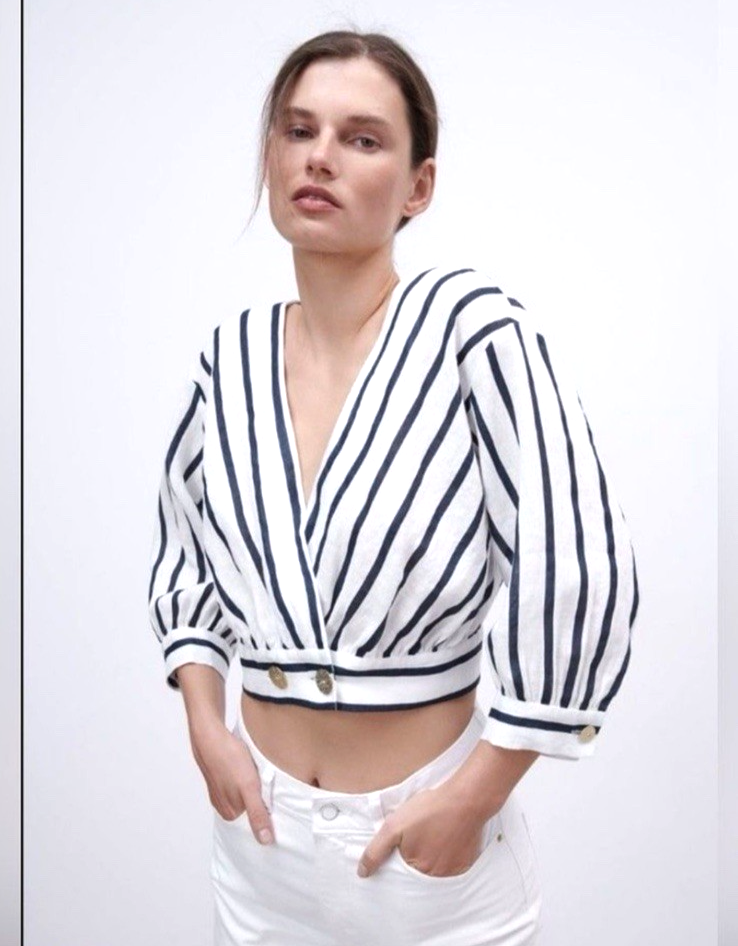 ZARA Women’s L Striped Navy Blue White Linen Cropped Button Front Nautical Top