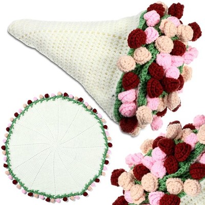 Rose Crochet Knitted Blanket - 33.5 inch Finished Pink White Brown Floral Blo...