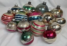 Lot 15 VTG Mixed Size / Maker Striped Shiny Brite Franke Rauch Glass Ornaments